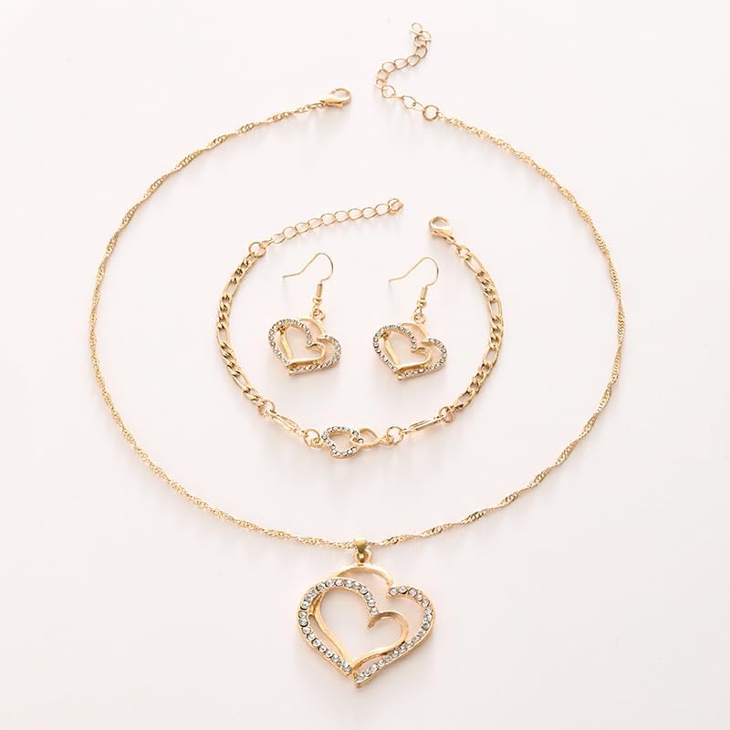 Lot de 4 bijoux de luxe double cœur pour femme, grand et petit cœur creux en cristal de zirconium, collier, boucles d'oreilles, bracelet, bijoux élégants en or, bijoux de mariage, cadeaux de