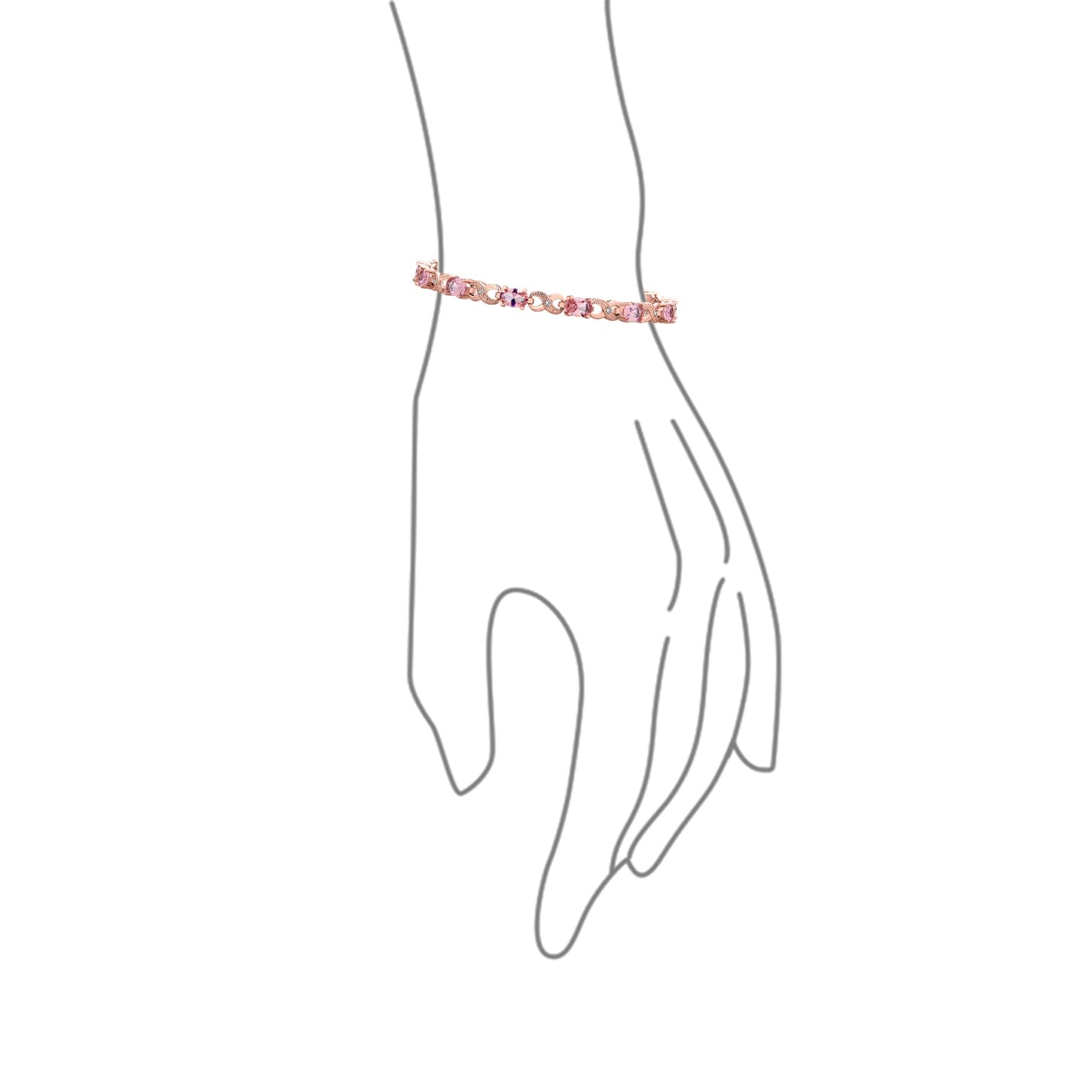 Bracelet de tennis pour femmes en argent rose plaqué avec saphir simulé, rubis, morganite, émeraude, tourmaline, zircon cubique bleu, rose, vert, rouge AAA ovale CZ symbole infini milgrain.