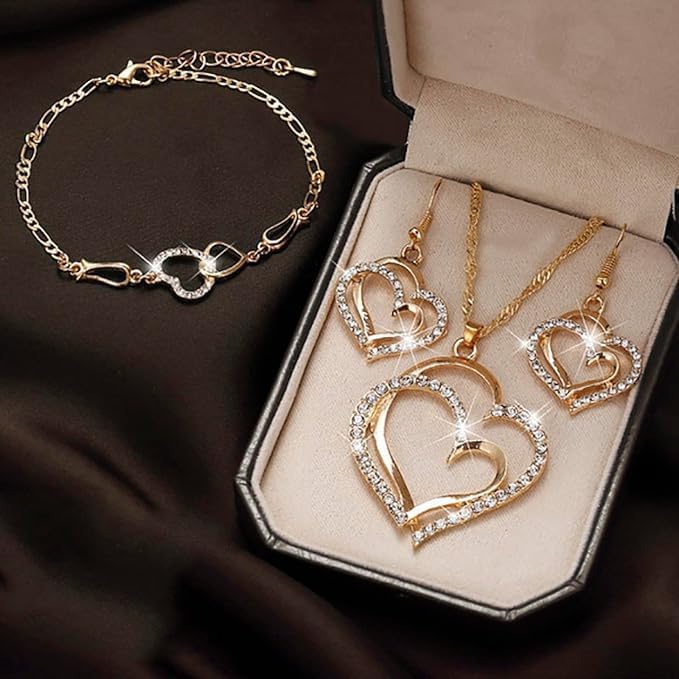 Lot de 4 bijoux de luxe double cœur pour femme, grand et petit cœur creux en cristal de zirconium, collier, boucles d'oreilles, bracelet, bijoux élégants en or, bijoux de mariage, cadeaux de