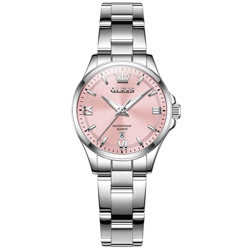 OLEVS Stainless Steel Watches for Women, Luxury Silver Ladies Watch with Date, Waterproof Analog Quartz Dainty Womens Watches, White/Pink/Blue/Purple Dial