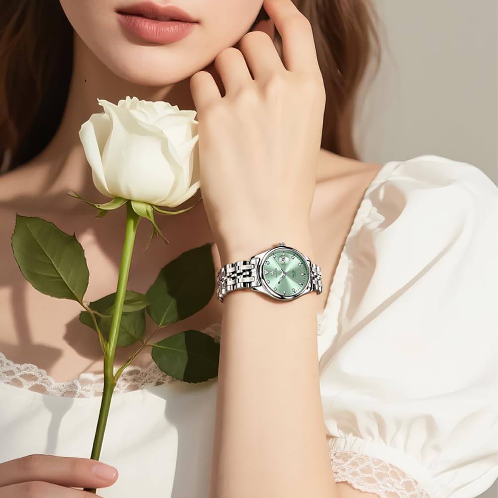 OLEVS Stainless Steel Watches for Women, Luxury Silver Ladies Watch with Date, Waterproof Analog Quartz Dainty Womens Watches, White/Pink/Blue/Purple Dial