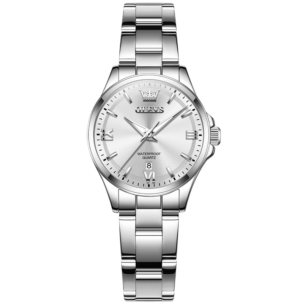 OLEVS Stainless Steel Watches for Women, Luxury Silver Ladies Watch with Date, Waterproof Analog Quartz Dainty Womens Watches, White/Pink/Blue/Purple Dial