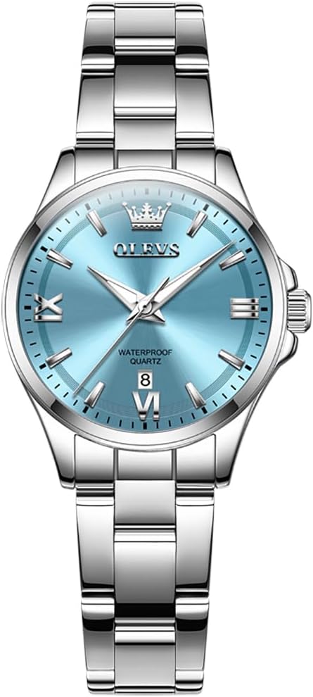 OLEVS Stainless Steel Watches for Women, Luxury Silver Ladies Watch with Date, Waterproof Analog Quartz Dainty Womens Watches, White/Pink/Blue/Purple Dial