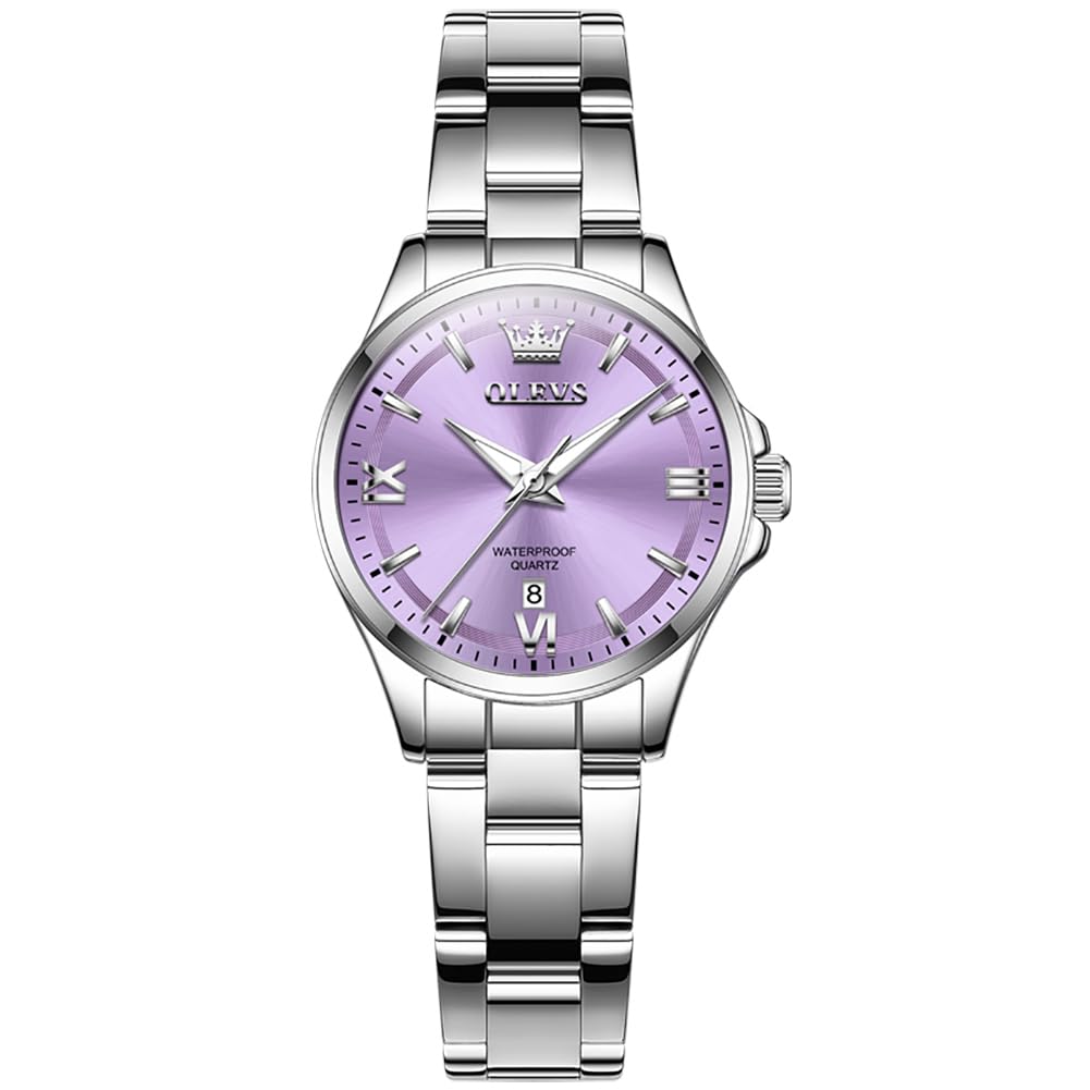 OLEVS Stainless Steel Watches for Women, Luxury Silver Ladies Watch with Date, Waterproof Analog Quartz Dainty Womens Watches, White/Pink/Blue/Purple Dial