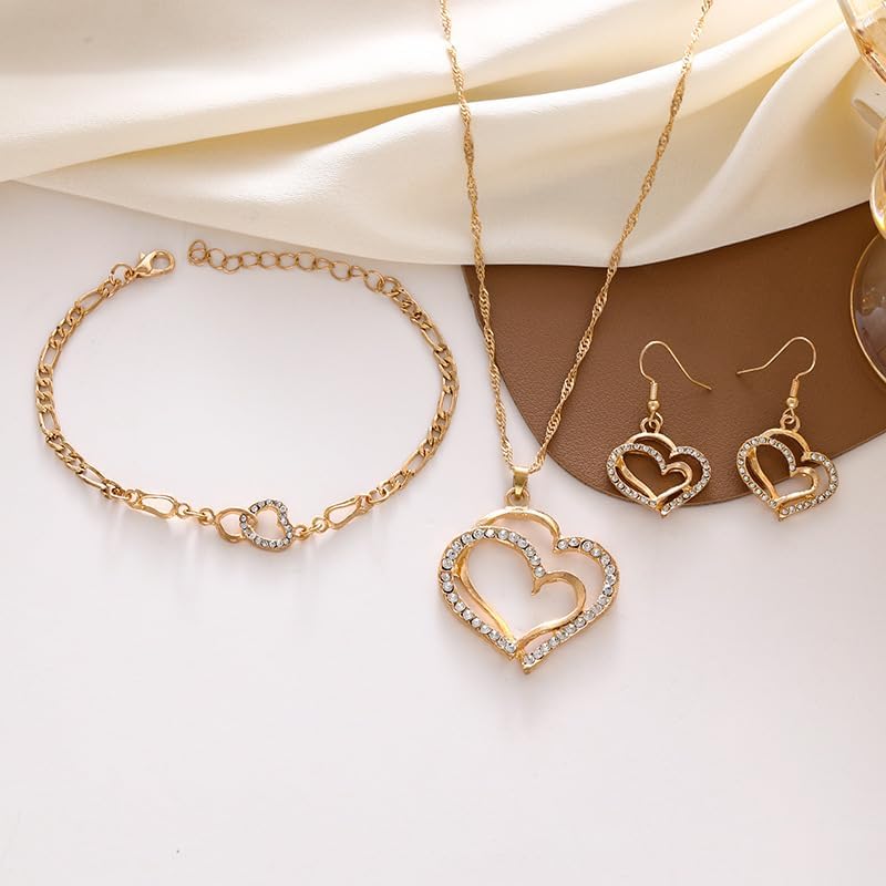 Lot de 4 bijoux de luxe double cœur pour femme, grand et petit cœur creux en cristal de zirconium, collier, boucles d'oreilles, bracelet, bijoux élégants en or, bijoux de mariage, cadeaux de