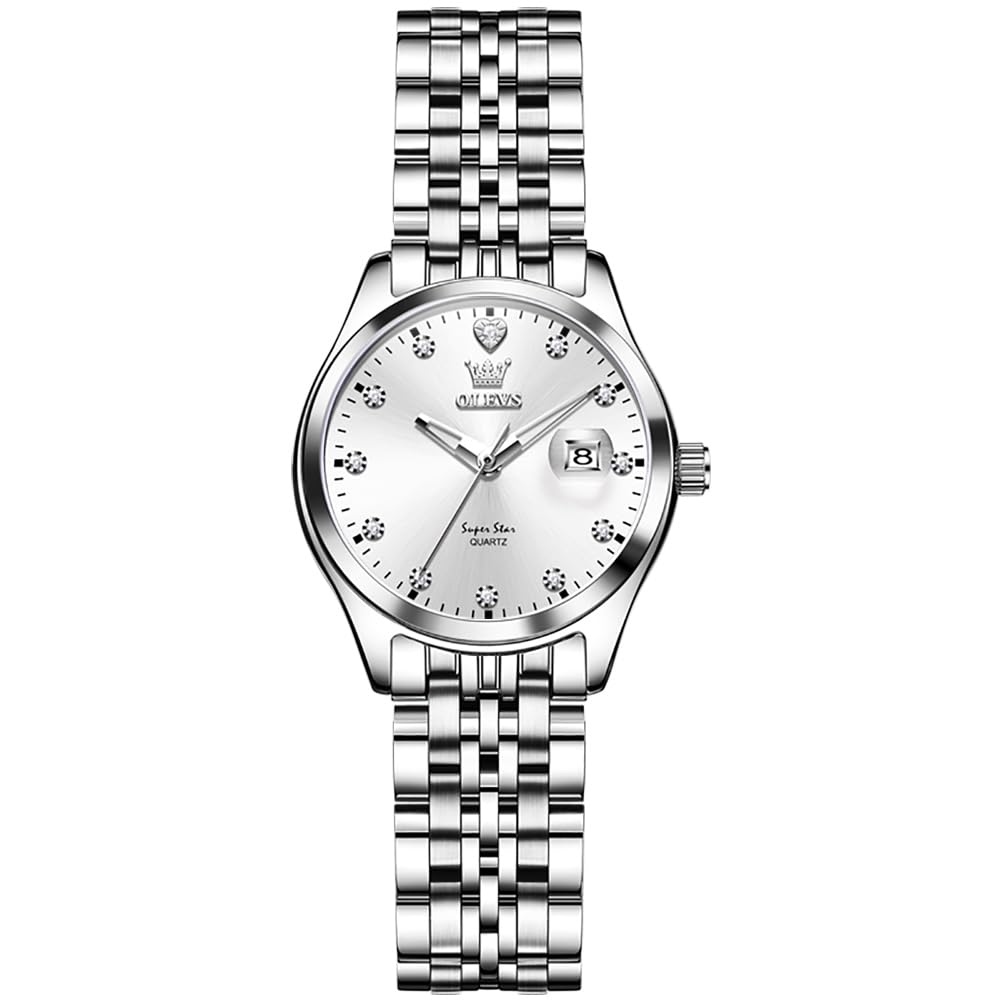 OLEVS Stainless Steel Watches for Women, Luxury Silver Ladies Watch with Date, Waterproof Analog Quartz Dainty Womens Watches, White/Pink/Blue/Purple Dial