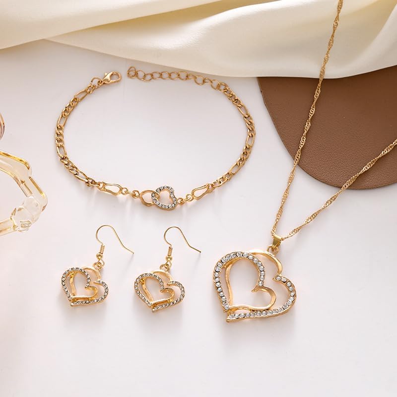 Lot de 4 bijoux de luxe double cœur pour femme, grand et petit cœur creux en cristal de zirconium, collier, boucles d'oreilles, bracelet, bijoux élégants en or, bijoux de mariage, cadeaux de