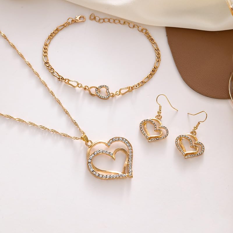 Lot de 4 bijoux de luxe double cœur pour femme, grand et petit cœur creux en cristal de zirconium, collier, boucles d'oreilles, bracelet, bijoux élégants en or, bijoux de mariage, cadeaux de