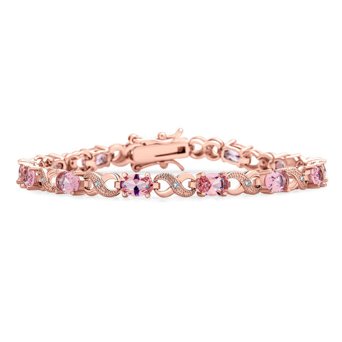 Bracelet de tennis pour femmes en argent rose plaqué avec saphir simulé, rubis, morganite, émeraude, tourmaline, zircon cubique bleu, rose, vert, rouge AAA ovale CZ symbole infini milgrain.