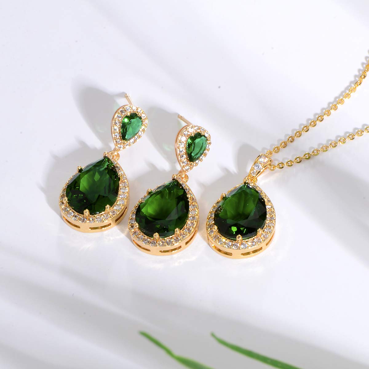 Bridal Jewelry Set for Wedding - 18k Plated Teardrop CZ Crystal Cubic Zirconia Rhinestone Necklace Earrings Set for Bride Bridesmaids Mother of Bride Party Prom Birthstone Costume Jewelry