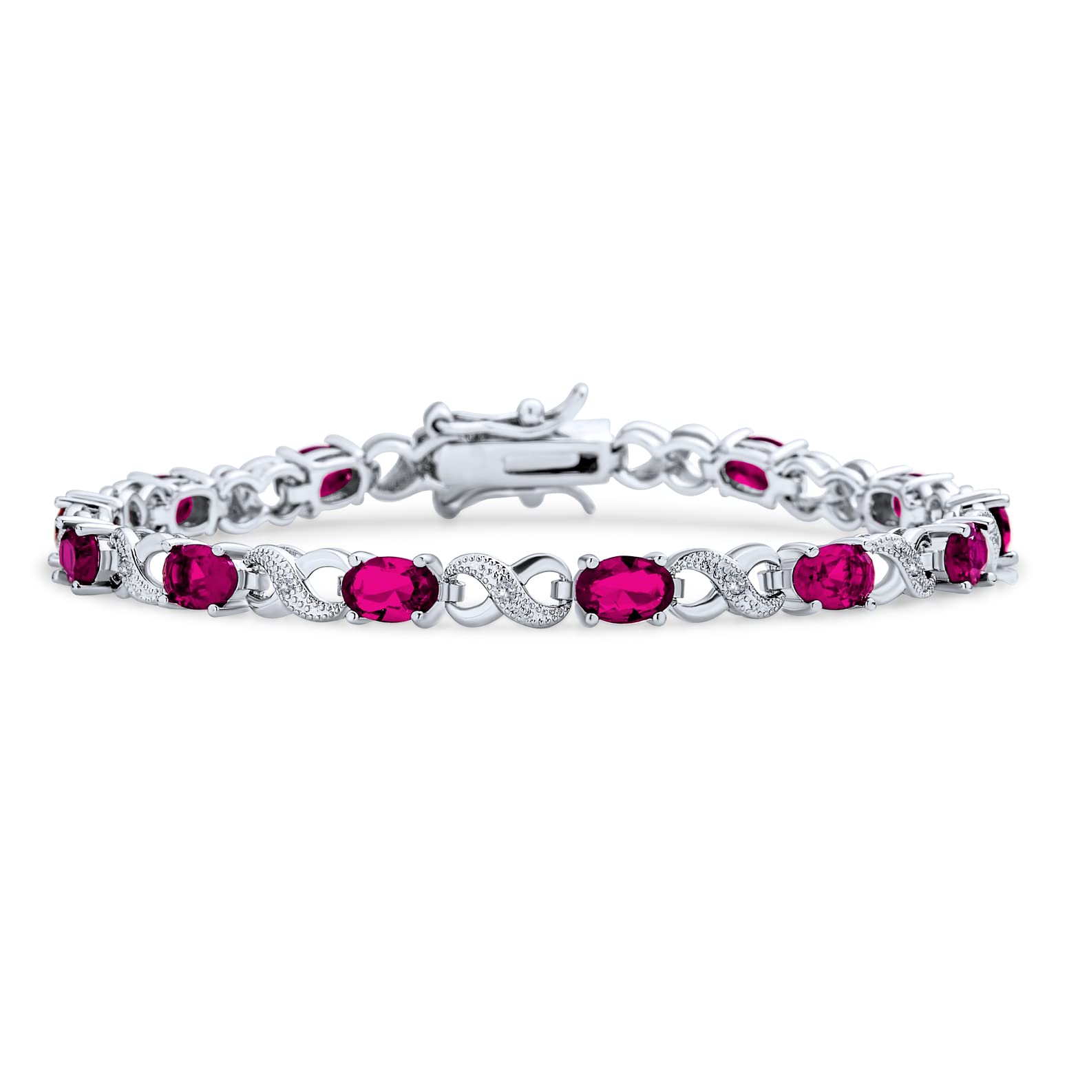 Bracelet de tennis pour femmes en argent rose plaqué avec saphir simulé, rubis, morganite, émeraude, tourmaline, zircon cubique bleu, rose, vert, rouge AAA ovale CZ symbole infini milgrain.