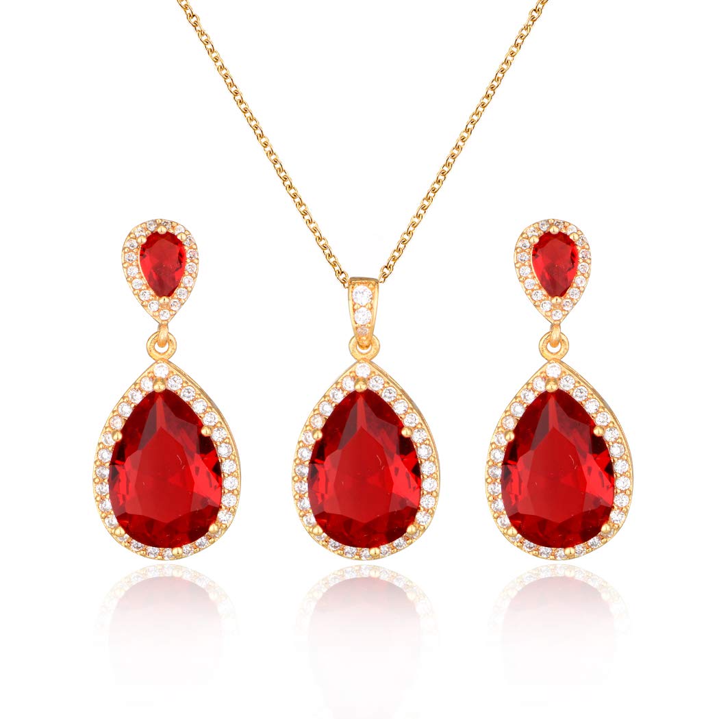 Bridal Jewelry Set for Wedding - 18k Plated Teardrop CZ Crystal Cubic Zirconia Rhinestone Necklace Earrings Set for Bride Bridesmaids Mother of Bride Party Prom Birthstone Costume Jewelry