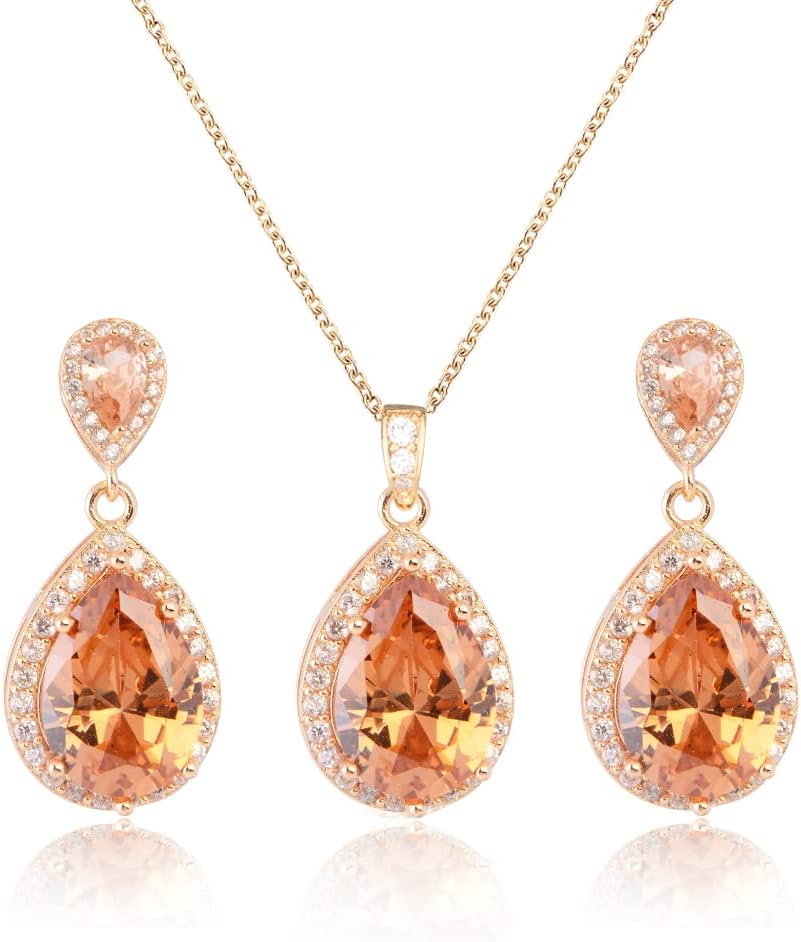 Bridal Jewelry Set for Wedding - 18k Plated Teardrop CZ Crystal Cubic Zirconia Rhinestone Necklace Earrings Set for Bride Bridesmaids Mother of Bride Party Prom Birthstone Costume Jewelry
