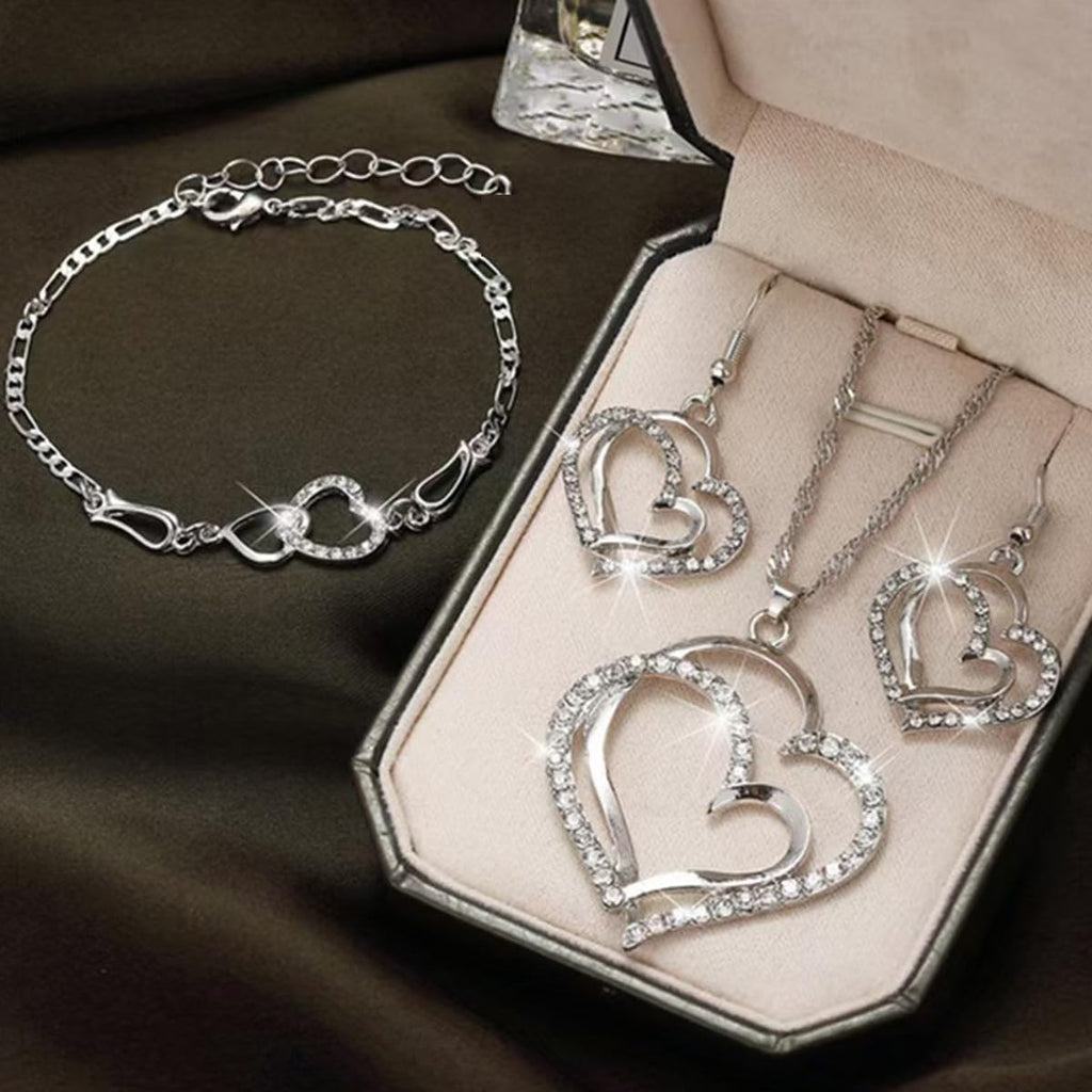 Lot de 4 bijoux de luxe double cœur pour femme, grand et petit cœur creux en cristal de zirconium, collier, boucles d'oreilles, bracelet, bijoux élégants en or, bijoux de mariage, cadeaux de