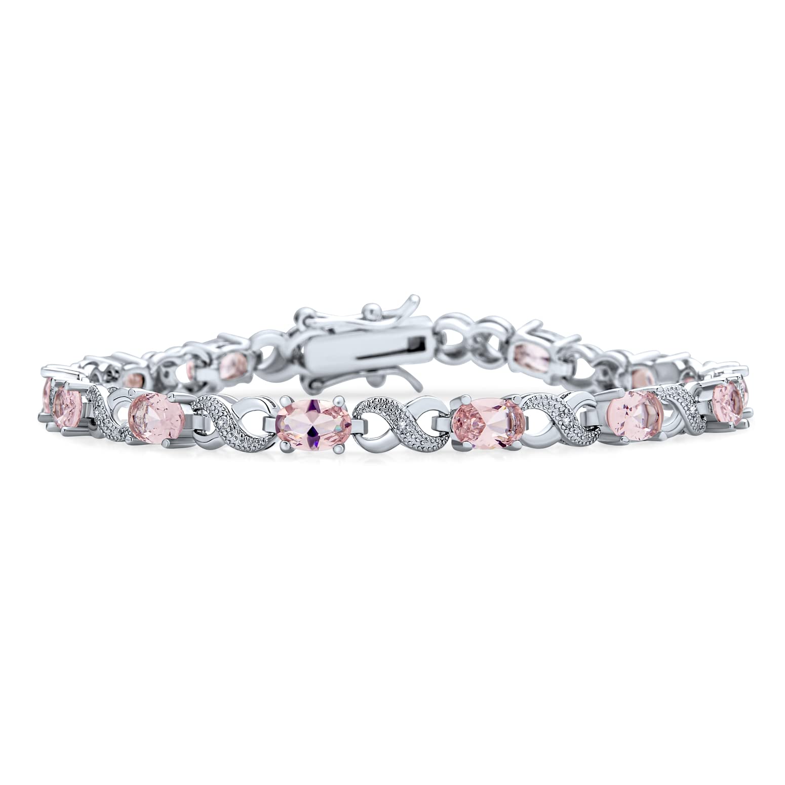 Bracelet de tennis pour femmes en argent rose plaqué avec saphir simulé, rubis, morganite, émeraude, tourmaline, zircon cubique bleu, rose, vert, rouge AAA ovale CZ symbole infini milgrain.