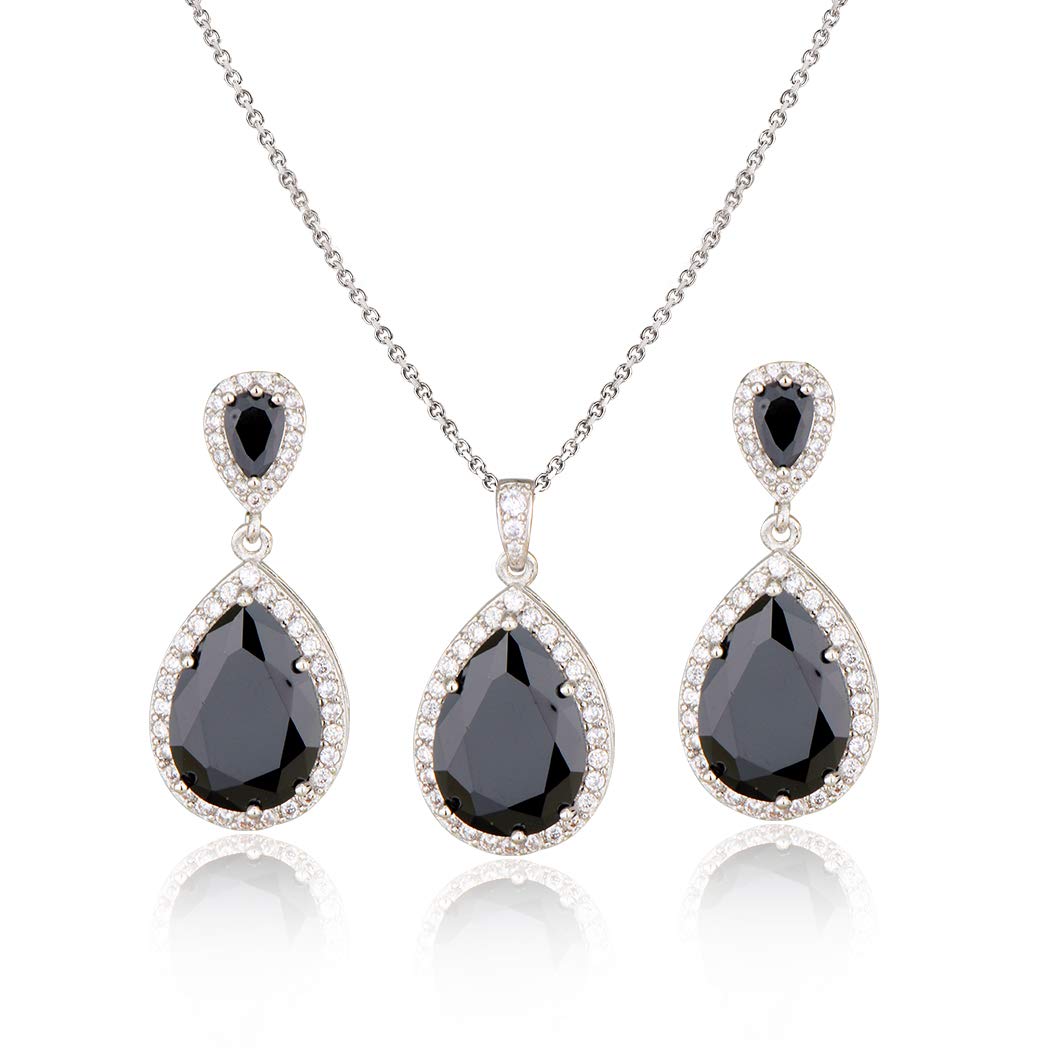 Bridal Jewelry Set for Wedding - 18k Plated Teardrop CZ Crystal Cubic Zirconia Rhinestone Necklace Earrings Set for Bride Bridesmaids Mother of Bride Party Prom Birthstone Costume Jewelry