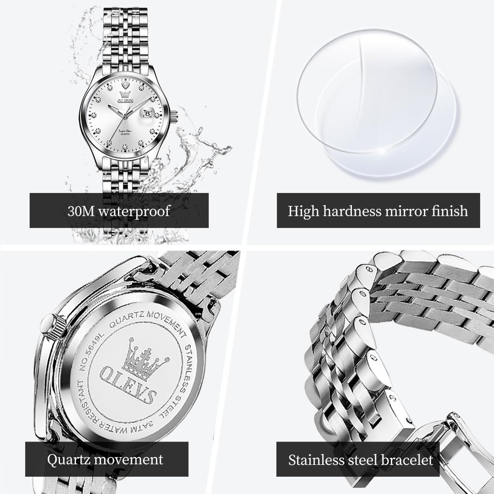 OLEVS Stainless Steel Watches for Women, Luxury Silver Ladies Watch with Date, Waterproof Analog Quartz Dainty Womens Watches, White/Pink/Blue/Purple Dial