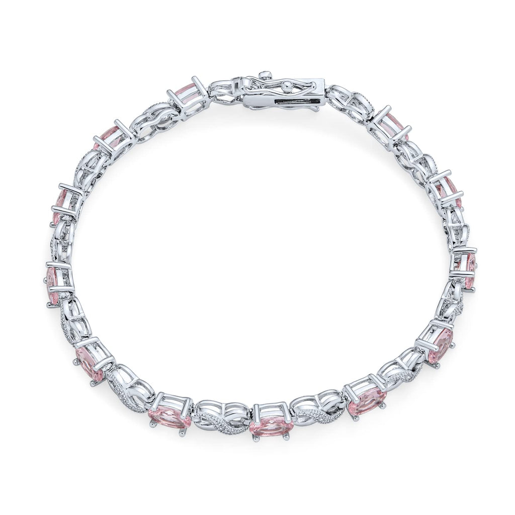 Bracelet de tennis pour femmes en argent rose plaqué avec saphir simulé, rubis, morganite, émeraude, tourmaline, zircon cubique bleu, rose, vert, rouge AAA ovale CZ symbole infini milgrain.
