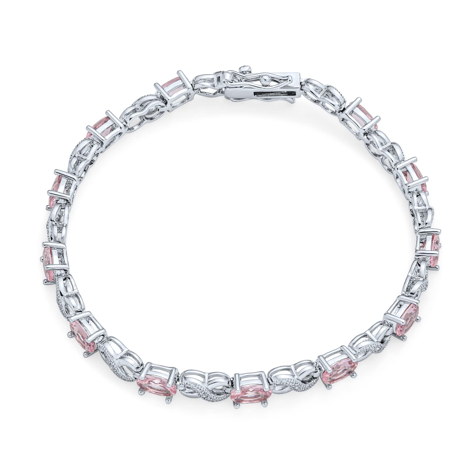 Bracelet de tennis pour femmes en argent rose plaqué avec saphir simulé, rubis, morganite, émeraude, tourmaline, zircon cubique bleu, rose, vert, rouge AAA ovale CZ symbole infini milgrain.