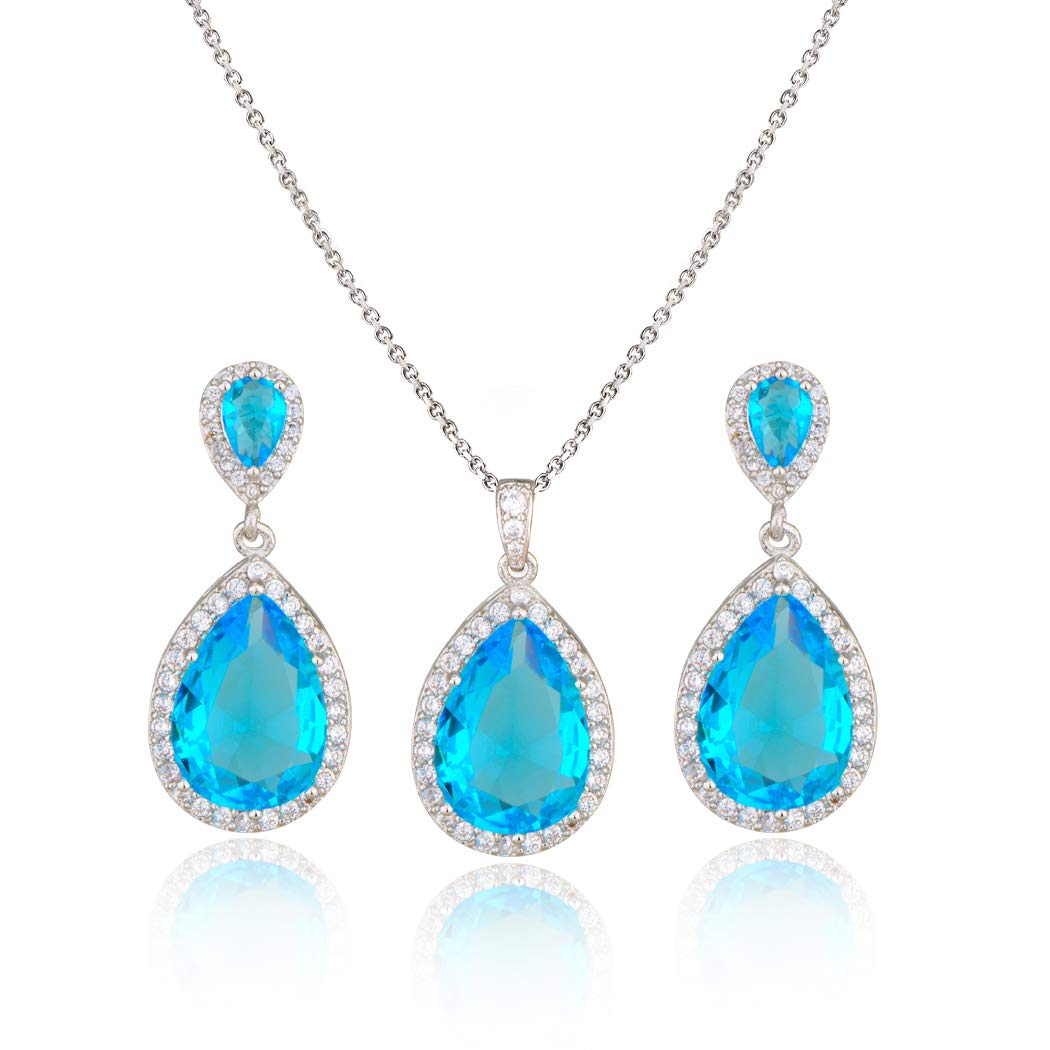 Bridal Jewelry Set for Wedding - 18k Plated Teardrop CZ Crystal Cubic Zirconia Rhinestone Necklace Earrings Set for Bride Bridesmaids Mother of Bride Party Prom Birthstone Costume Jewelry