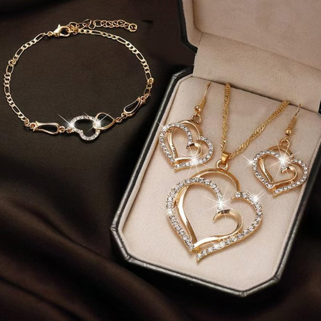 Lot de 4 bijoux de luxe double cœur pour femme, grand et petit cœur creux en cristal de zirconium, collier, boucles d'oreilles, bracelet, bijoux élégants en or, bijoux de mariage, cadeaux de