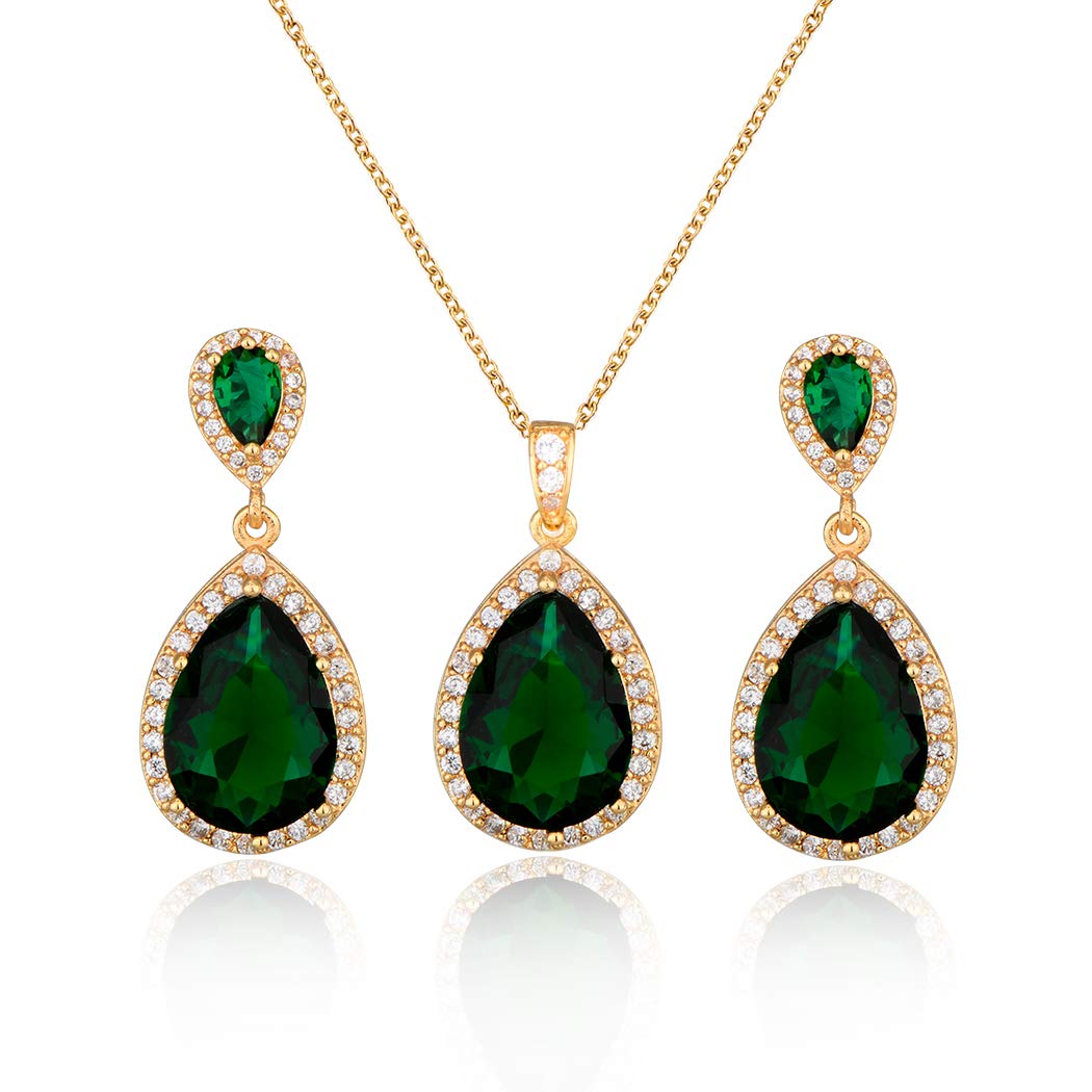 Bridal Jewelry Set for Wedding - 18k Plated Teardrop CZ Crystal Cubic Zirconia Rhinestone Necklace Earrings Set for Bride Bridesmaids Mother of Bride Party Prom Birthstone Costume Jewelry
