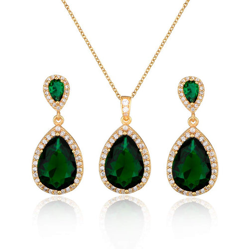 Bridal Jewelry Set for Wedding - 18k Plated Teardrop CZ Crystal Cubic Zirconia Rhinestone Necklace Earrings Set for Bride Bridesmaids Mother of Bride Party Prom Birthstone Costume Jewelry