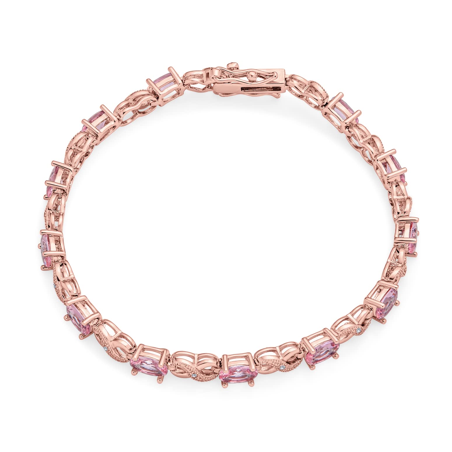 Bracelet de tennis pour femmes en argent rose plaqué avec saphir simulé, rubis, morganite, émeraude, tourmaline, zircon cubique bleu, rose, vert, rouge AAA ovale CZ symbole infini milgrain.
