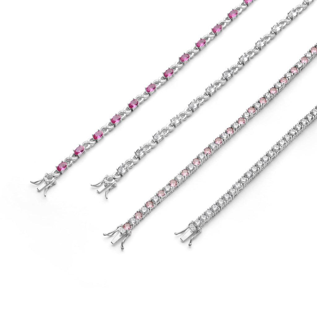 Bracelet de tennis pour femmes en argent rose plaqué avec saphir simulé, rubis, morganite, émeraude, tourmaline, zircon cubique bleu, rose, vert, rouge AAA ovale CZ symbole infini milgrain.