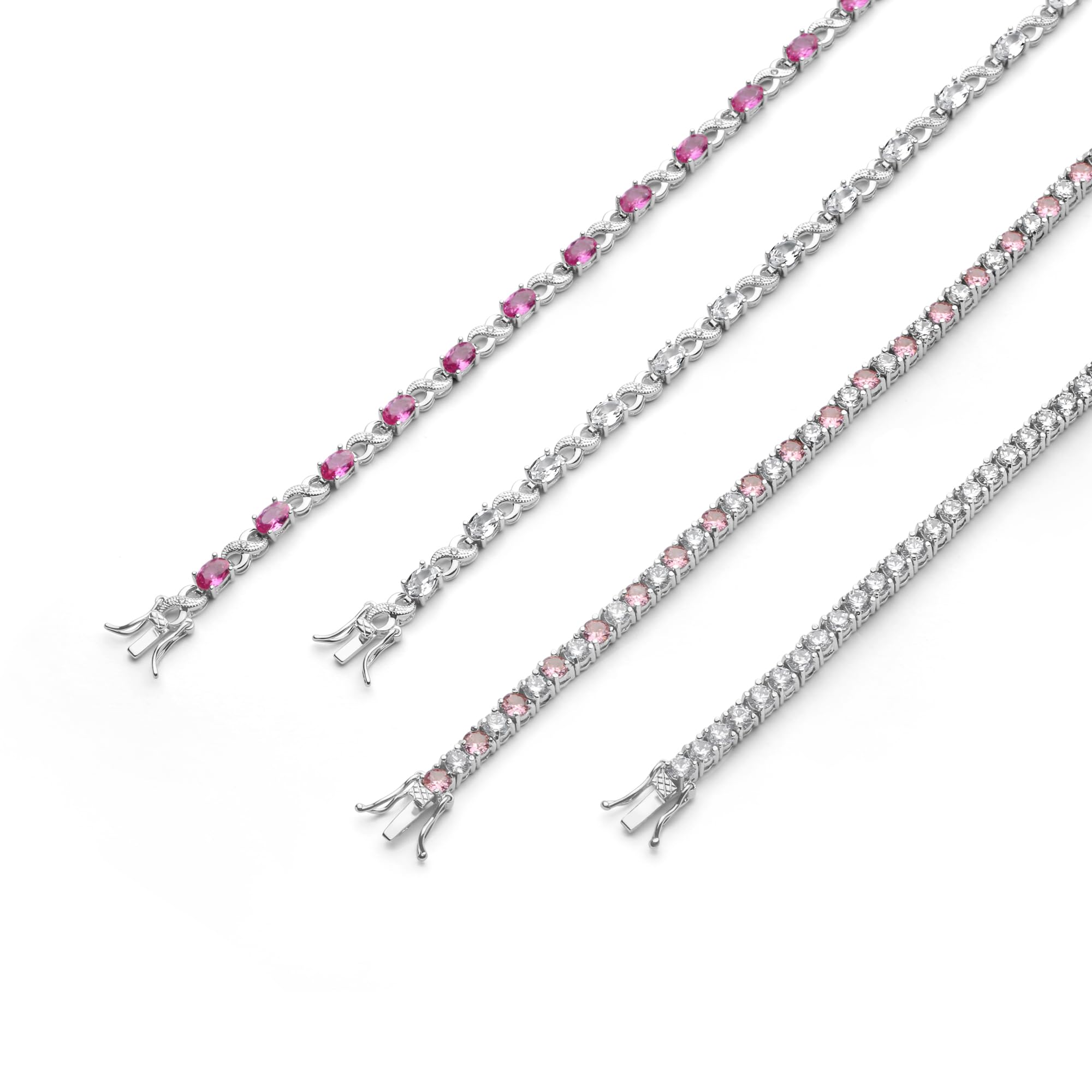Bracelet de tennis pour femmes en argent rose plaqué avec saphir simulé, rubis, morganite, émeraude, tourmaline, zircon cubique bleu, rose, vert, rouge AAA ovale CZ symbole infini milgrain.