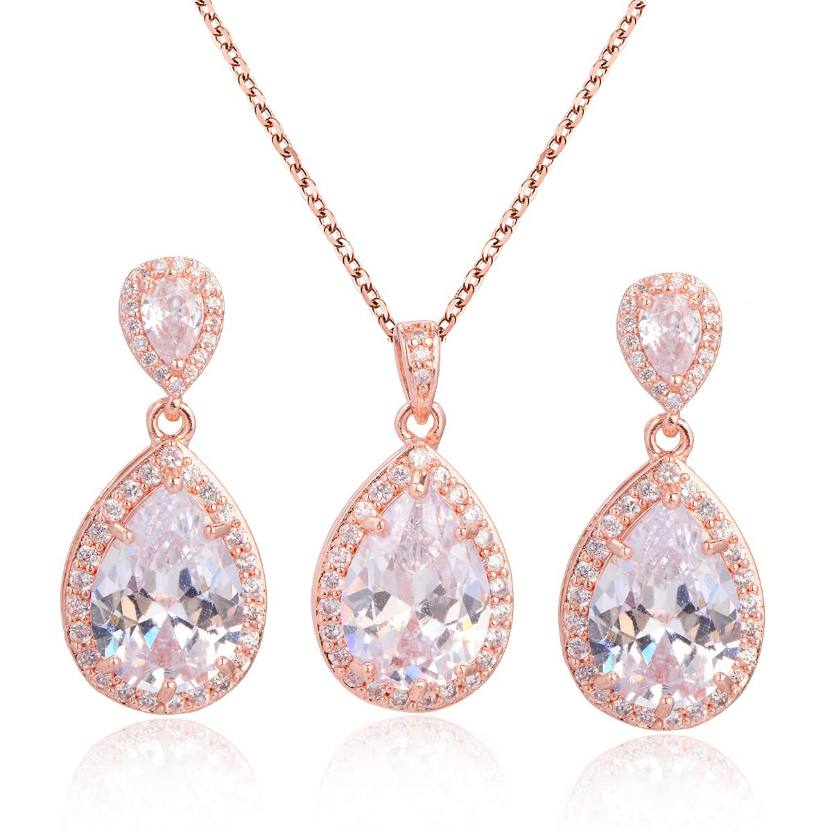 Bridal Jewelry Set for Wedding - 18k Plated Teardrop CZ Crystal Cubic Zirconia Rhinestone Necklace Earrings Set for Bride Bridesmaids Mother of Bride Party Prom Birthstone Costume Jewelry