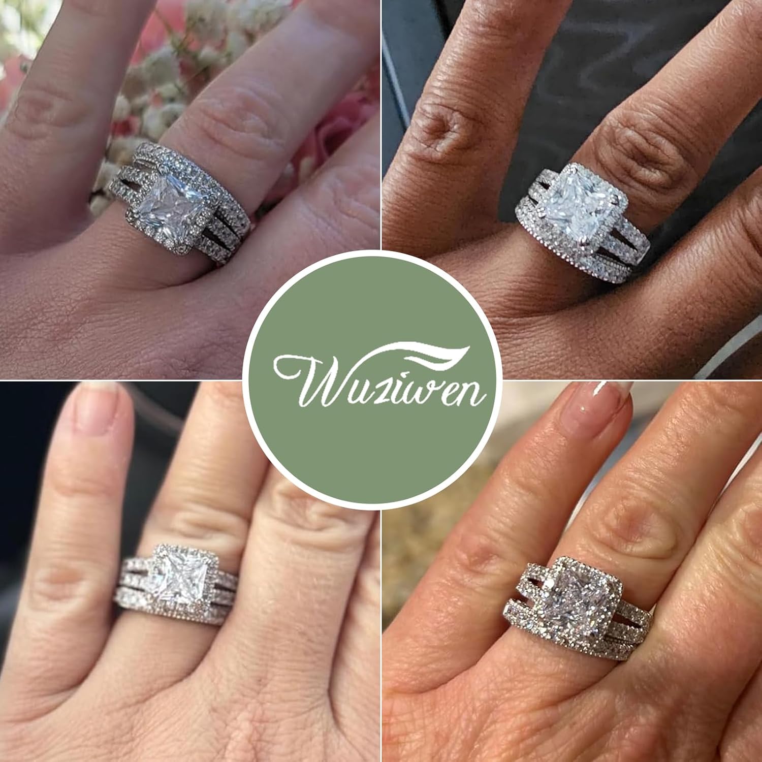 Wuziwen 4CT Moissanite Engagement Rings for Women D Color VVS1 Princess Cut Wedding Ring Set for Her Women Bridal Sets Size 6