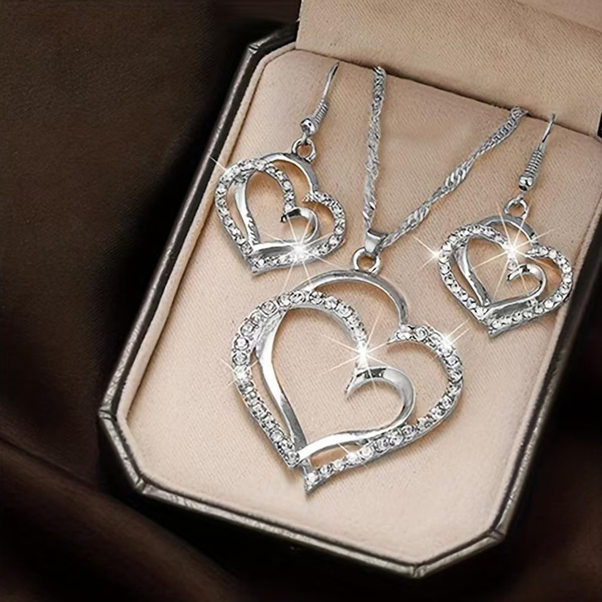 Lot de 4 bijoux de luxe double cœur pour femme, grand et petit cœur creux en cristal de zirconium, collier, boucles d'oreilles, bracelet, bijoux élégants en or, bijoux de mariage, cadeaux de