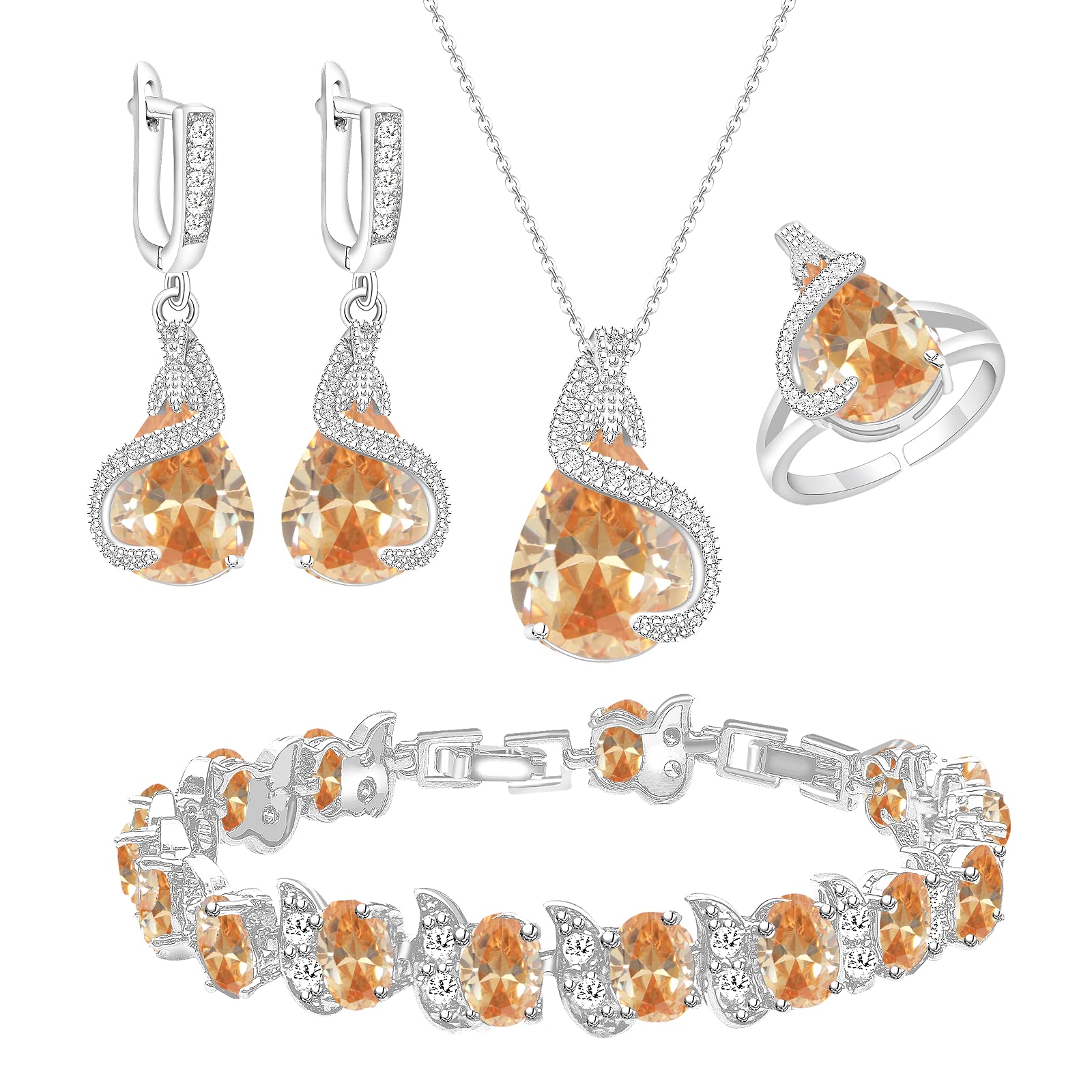 GZWHD Jewelry Set for Women Water Drop Cubic Zirconia Artificial Crystal Earrings Pendant Necklace Open Ring Tennis Bracelet Wedding Anniversary Birthday Engagement Gift for Bridesmaid Wife Girlfriend Friend
