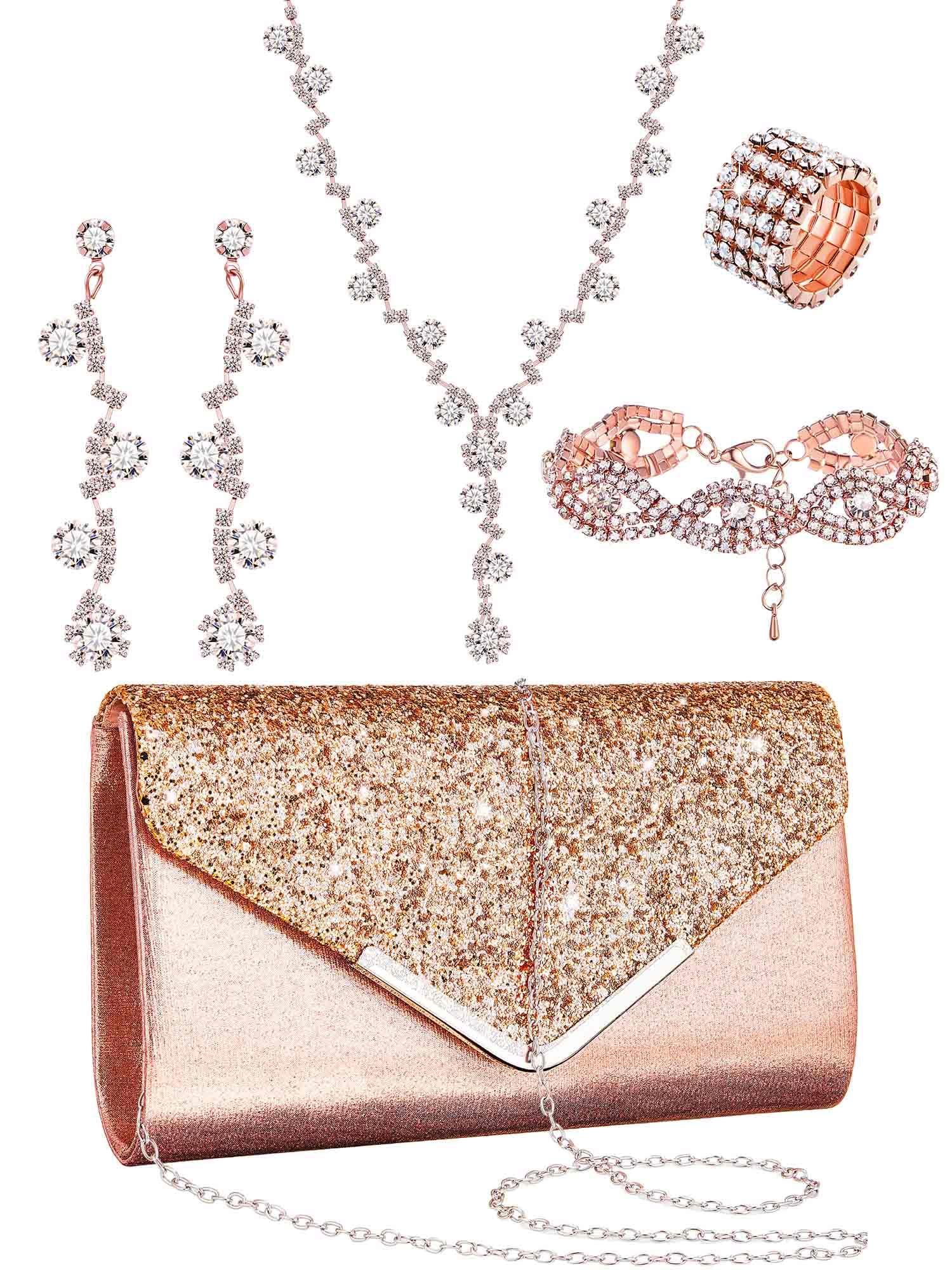 Henoyso 5 Pcs Jewelry Set Rhinestone Clutch Purse for Prom
