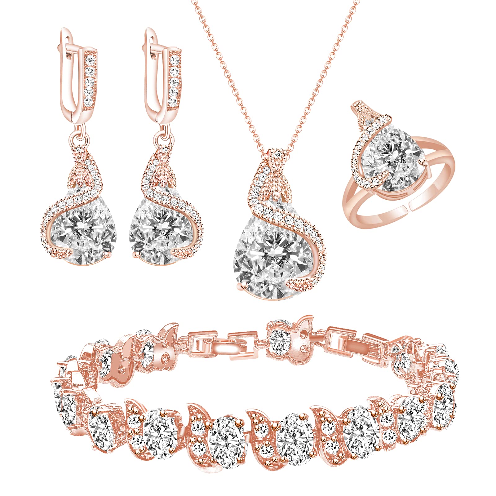 GZWHD Jewelry Set for Women Water Drop Cubic Zirconia Artificial Crystal Earrings Pendant Necklace Open Ring Tennis Bracelet Wedding Anniversary Birthday Engagement Gift for Bridesmaid Wife Girlfriend Friend