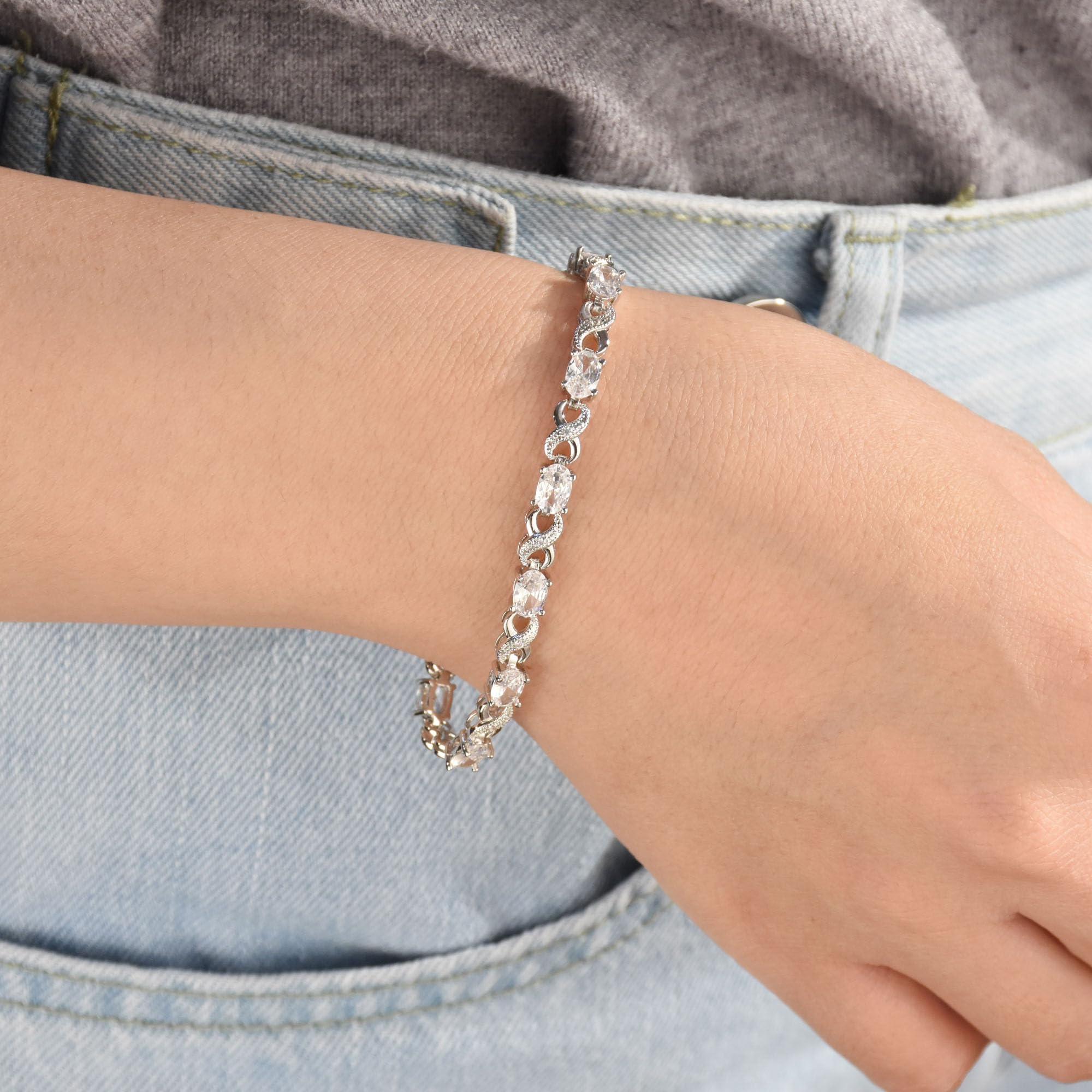 Bracelet de tennis pour femmes en argent rose plaqué avec saphir simulé, rubis, morganite, émeraude, tourmaline, zircon cubique bleu, rose, vert, rouge AAA ovale CZ symbole infini milgrain.