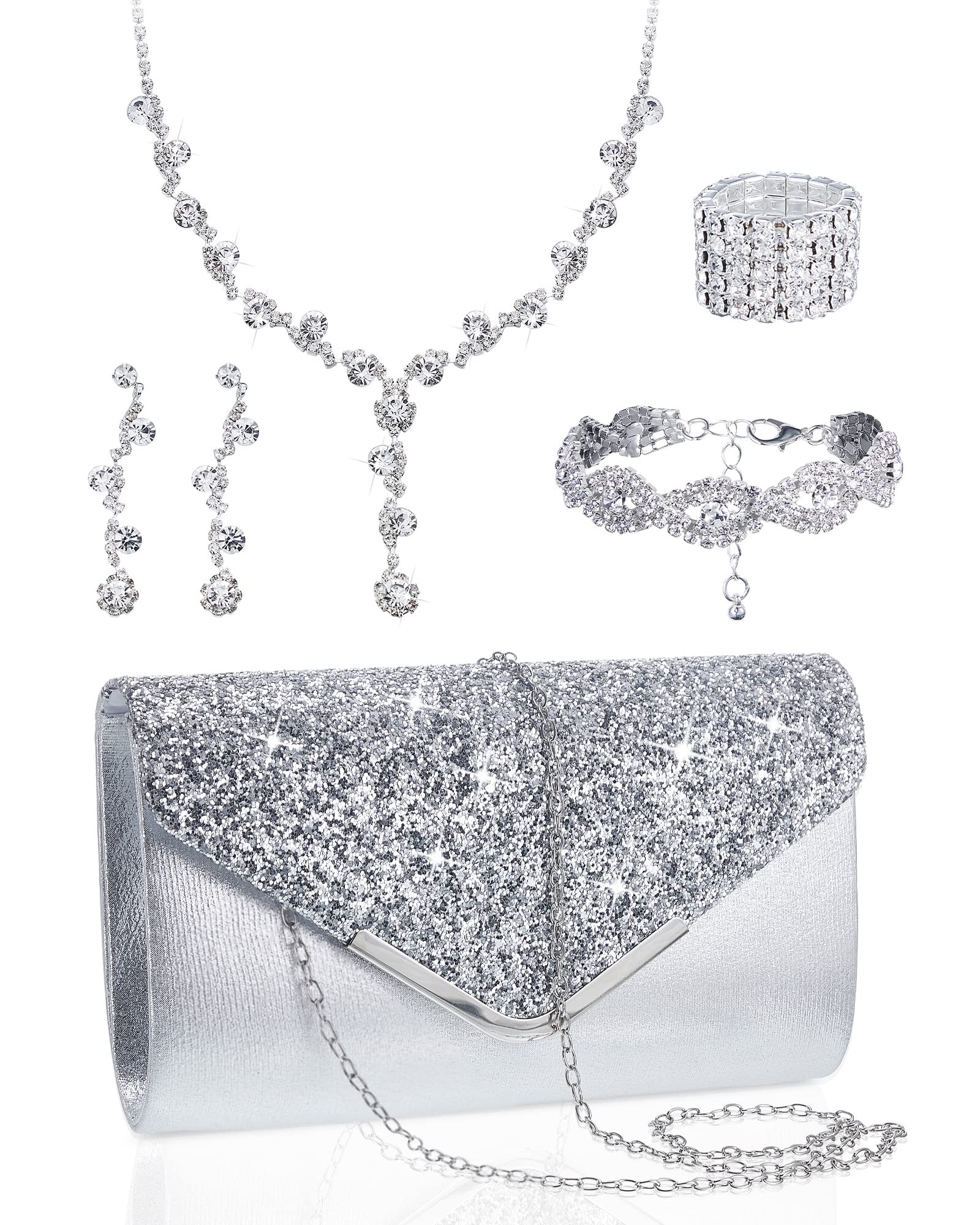 Henoyso 5 Pcs Jewelry Set Rhinestone Clutch Purse for Prom