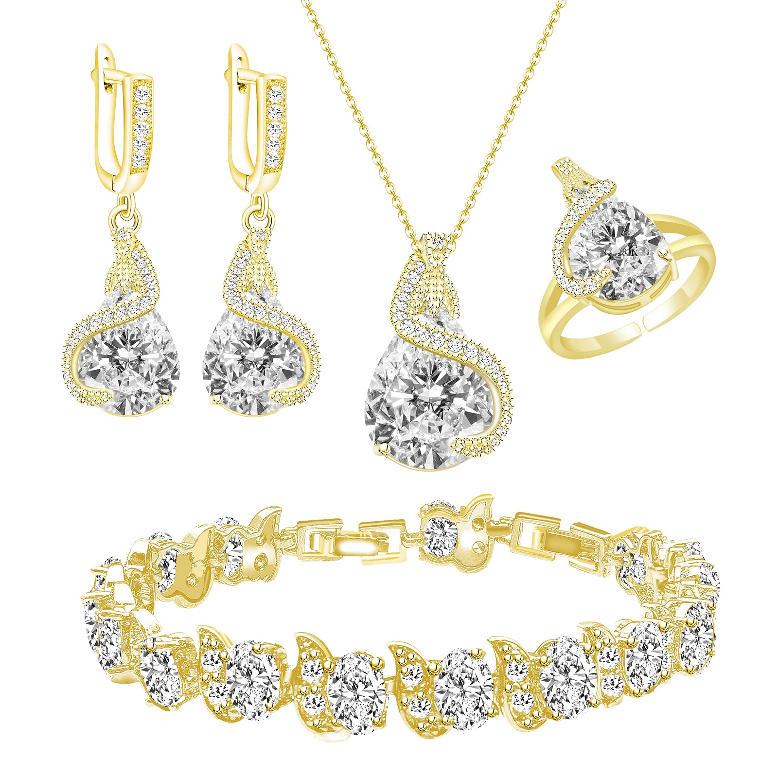 GZWHD Jewelry Set for Women Water Drop Cubic Zirconia Artificial Crystal Earrings Pendant Necklace Open Ring Tennis Bracelet Wedding Anniversary Birthday Engagement Gift for Bridesmaid Wife Girlfriend Friend