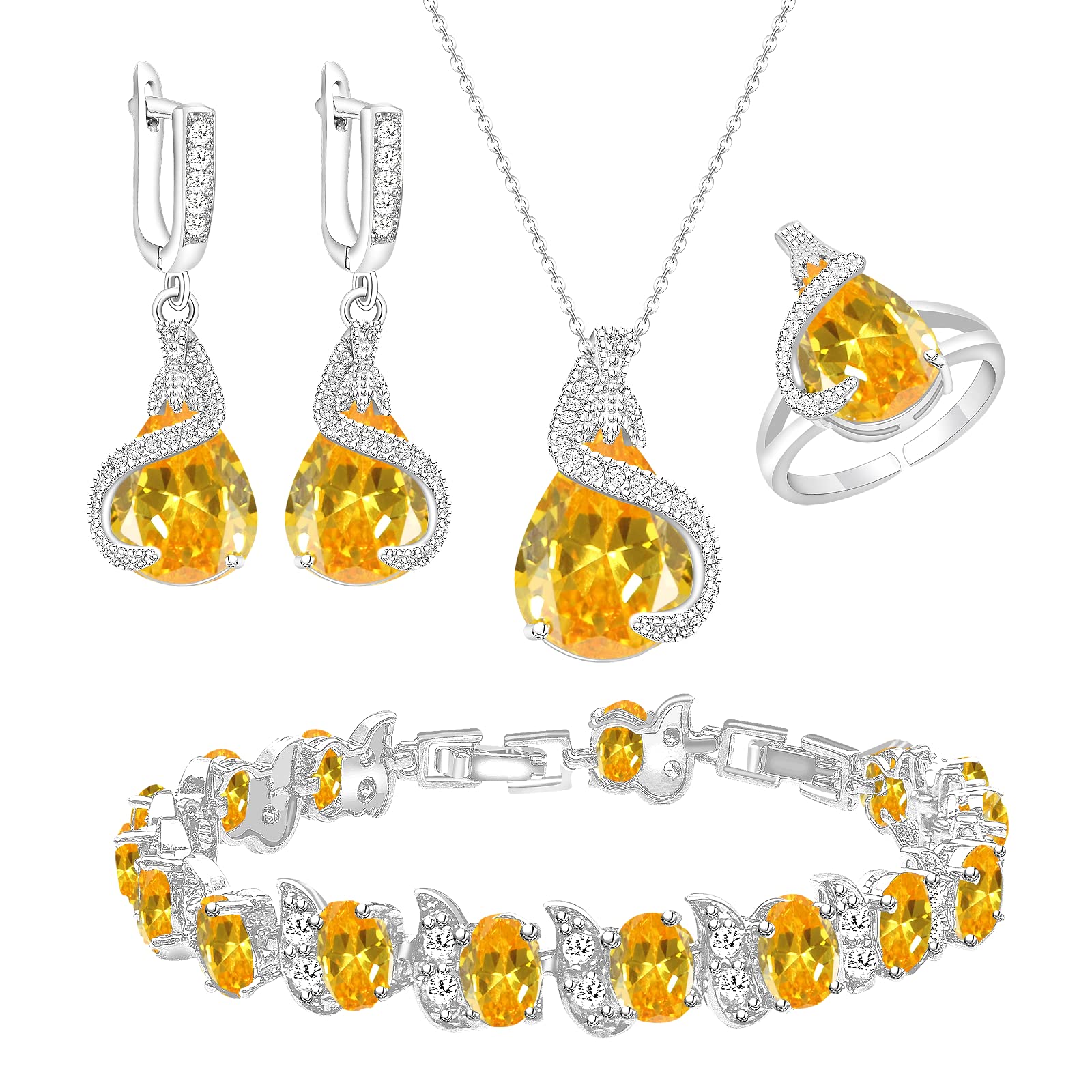 GZWHD Jewelry Set for Women Water Drop Cubic Zirconia Artificial Crystal Earrings Pendant Necklace Open Ring Tennis Bracelet Wedding Anniversary Birthday Engagement Gift for Bridesmaid Wife Girlfriend Friend