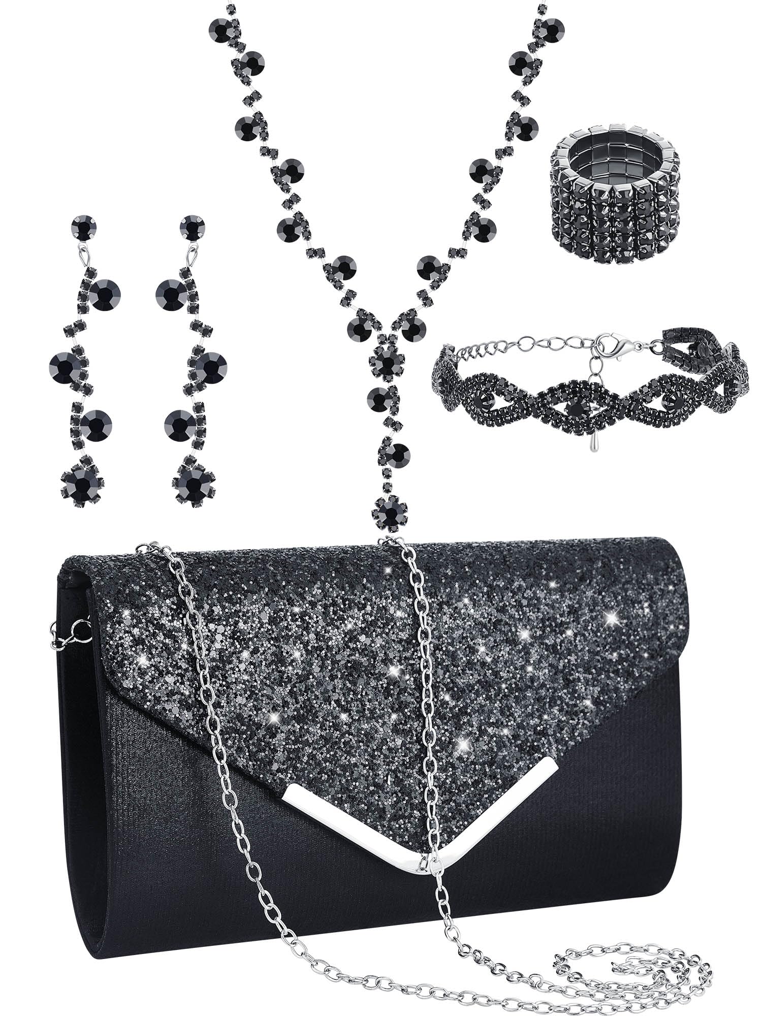 Henoyso 5 Pcs Jewelry Set Rhinestone Clutch Purse for Prom