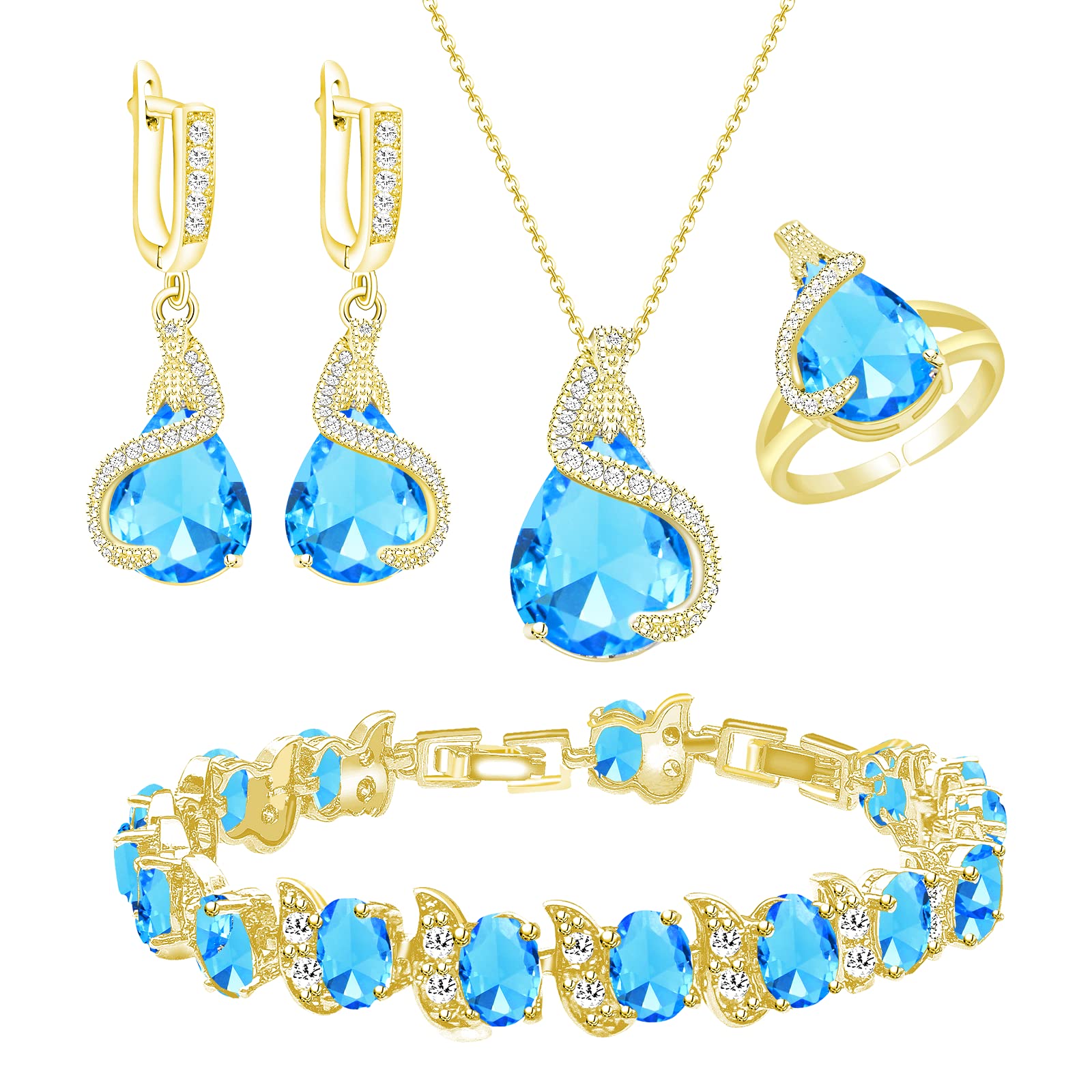 GZWHD Jewelry Set for Women Water Drop Cubic Zirconia Artificial Crystal Earrings Pendant Necklace Open Ring Tennis Bracelet Wedding Anniversary Birthday Engagement Gift for Bridesmaid Wife Girlfriend Friend