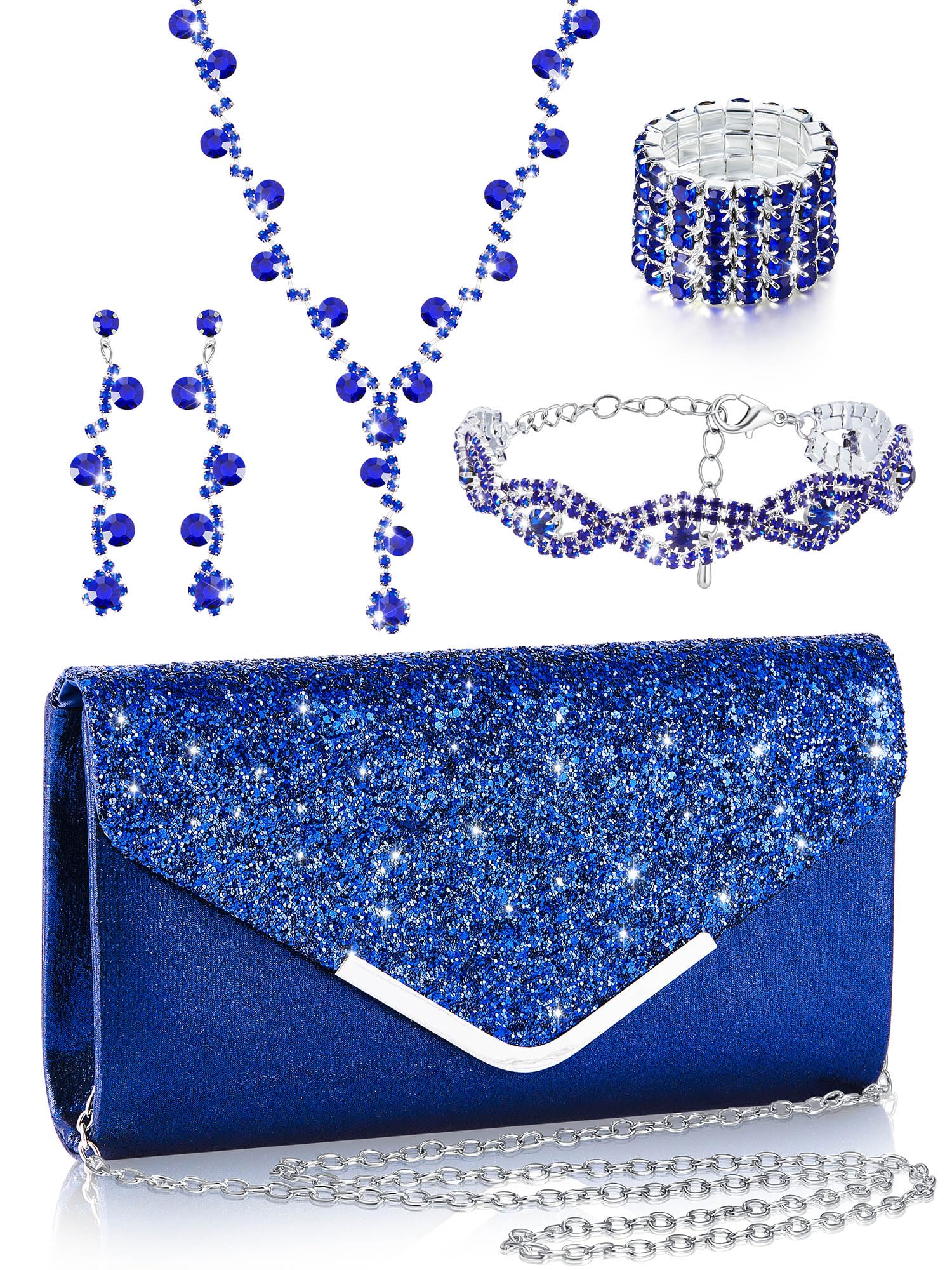 Henoyso 5 Pcs Jewelry Set Rhinestone Clutch Purse for Prom