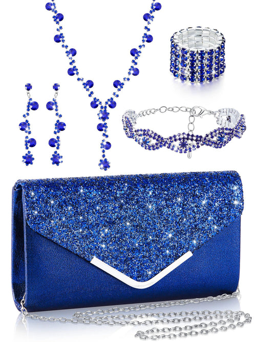 Henoyso 5 Pcs Jewelry Set Rhinestone Clutch Purse for Prom