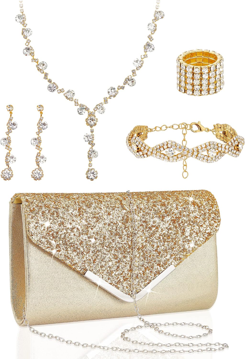 Henoyso 5 Pcs Jewelry Set Rhinestone Clutch Purse for Prom